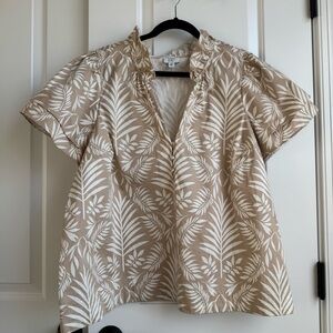 Crown & Ivy 2X Tropical Palm Ruffle Neck Blouse